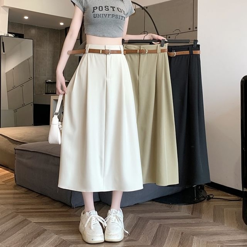 A-Line + Skirt Set: Midi High Rise Plain Belt