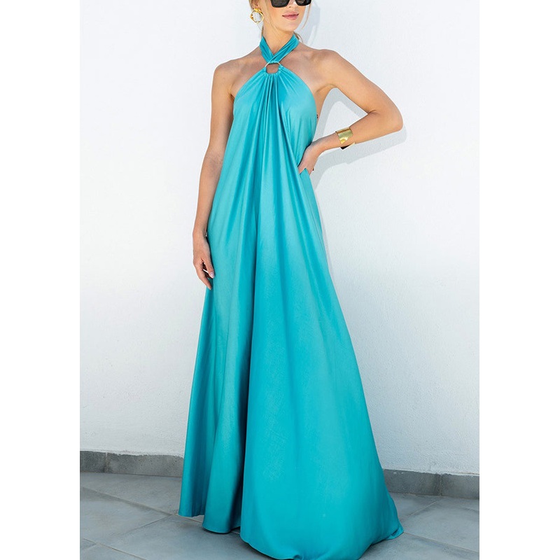Backless Sleeveless Blue Cotton Stylish Lace Maxi Dresses Up