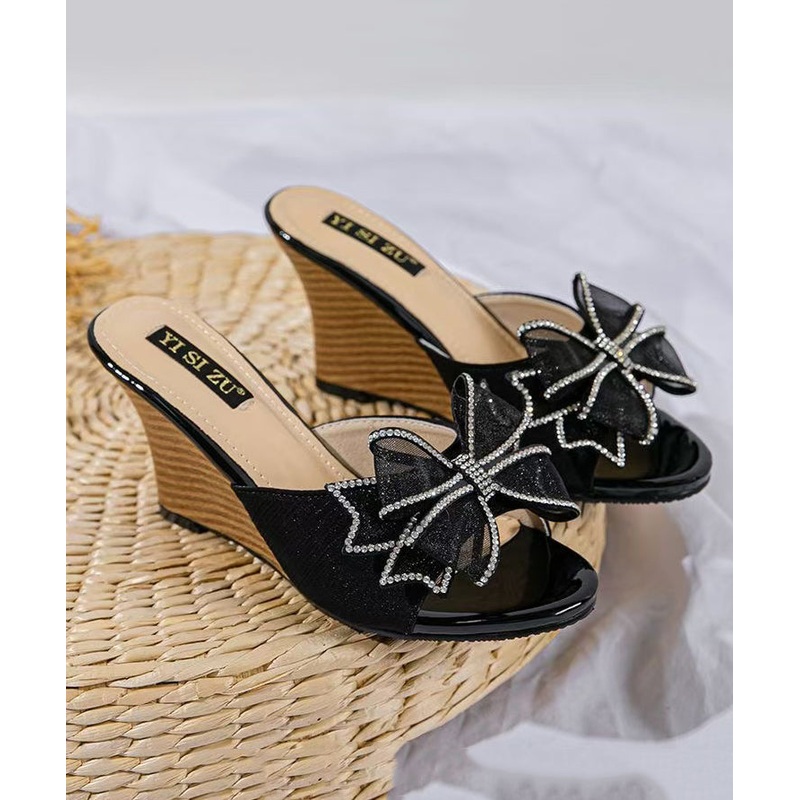 Black Splicing Toe Stylish Sandals Wedge Bow Heels Peep Slide