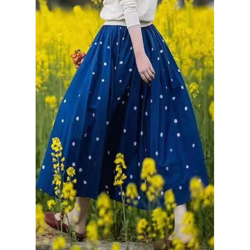 Blue Elastic Skirt Loose Cotton Dot Summer Waist