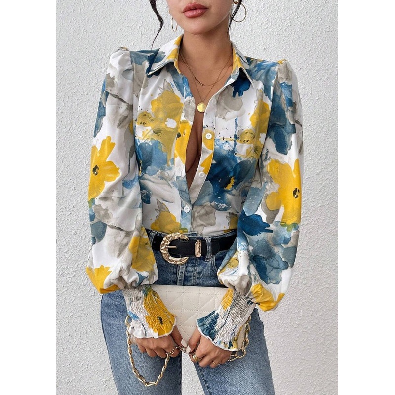 Blue Print Unique Spring Button Blouses Cotton