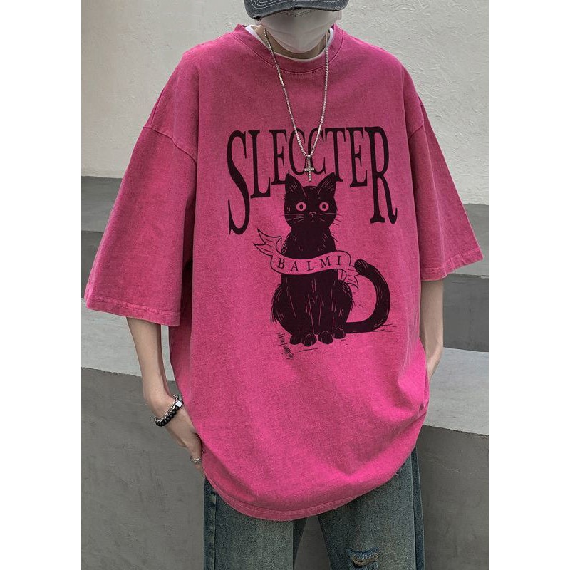 Bohemian T Half Cats Mens Letter Oversized Shirt Cotton Rose
