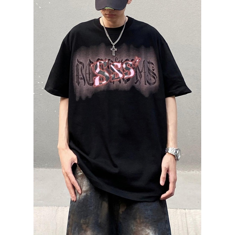 Cotton Casual Men Shirt Summer Neck Black Print T O