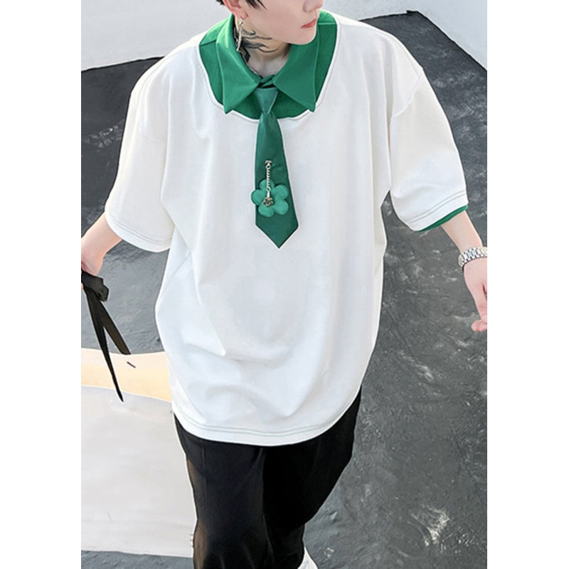 Cotton Original Design Shirts Polo Loose Mens Green Patchwork