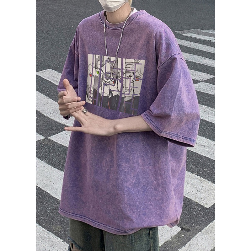 Cotton Sleeve Shirts T Mens Print O Half Neck Cartoon Purple