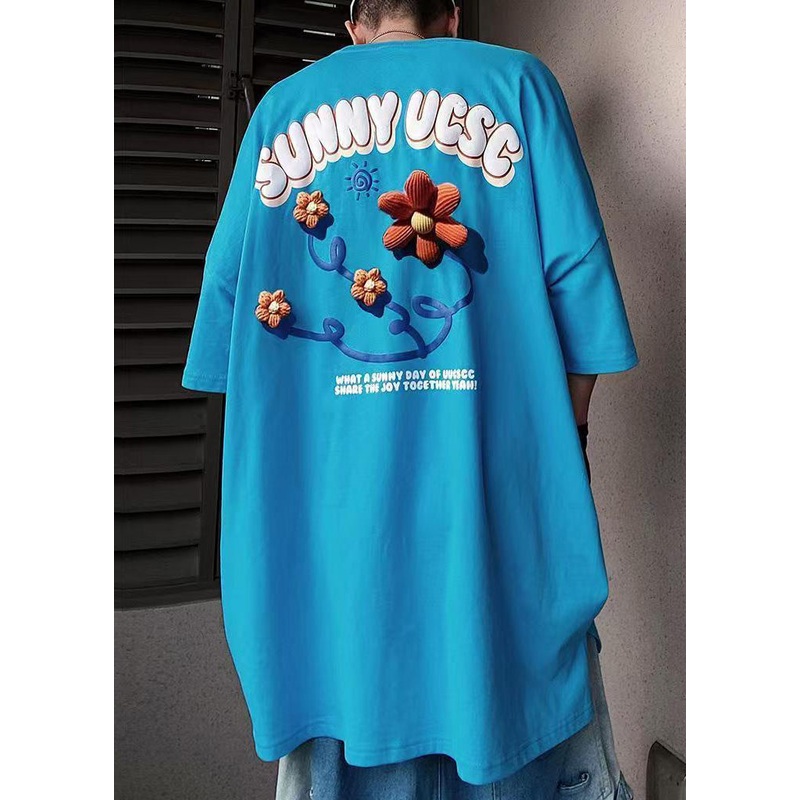 Floral Cotton Blue Men’s T Half Shirts Loose Letter Sleeve