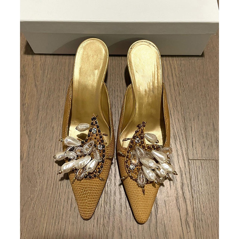 French Decorated Sandals Slide 2025 New Toe Bead Pointed Golden