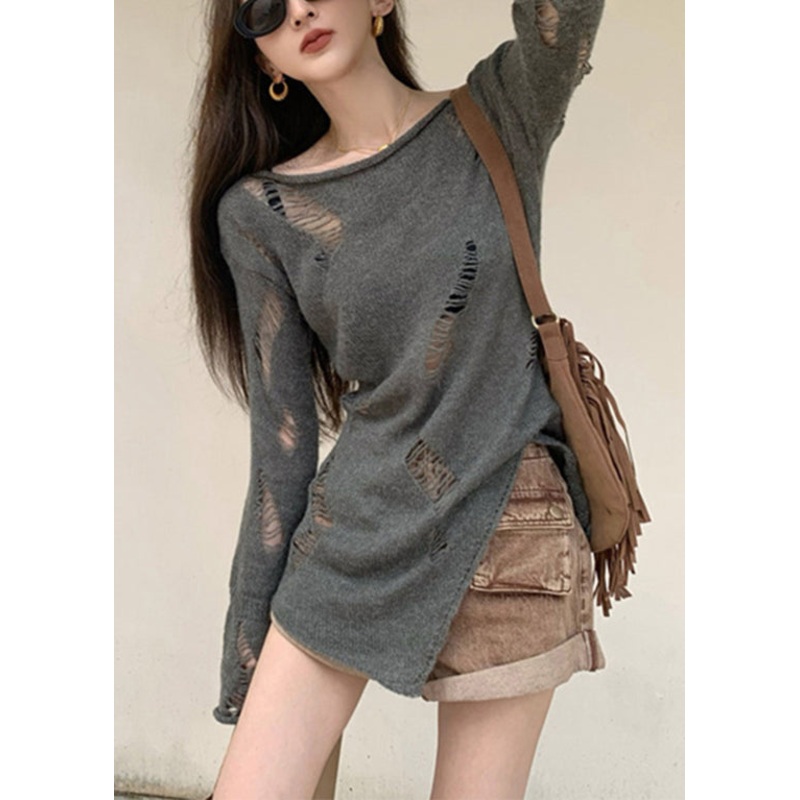 Grey Hollow Spring Sweater Asymmetrical Knit Women Out