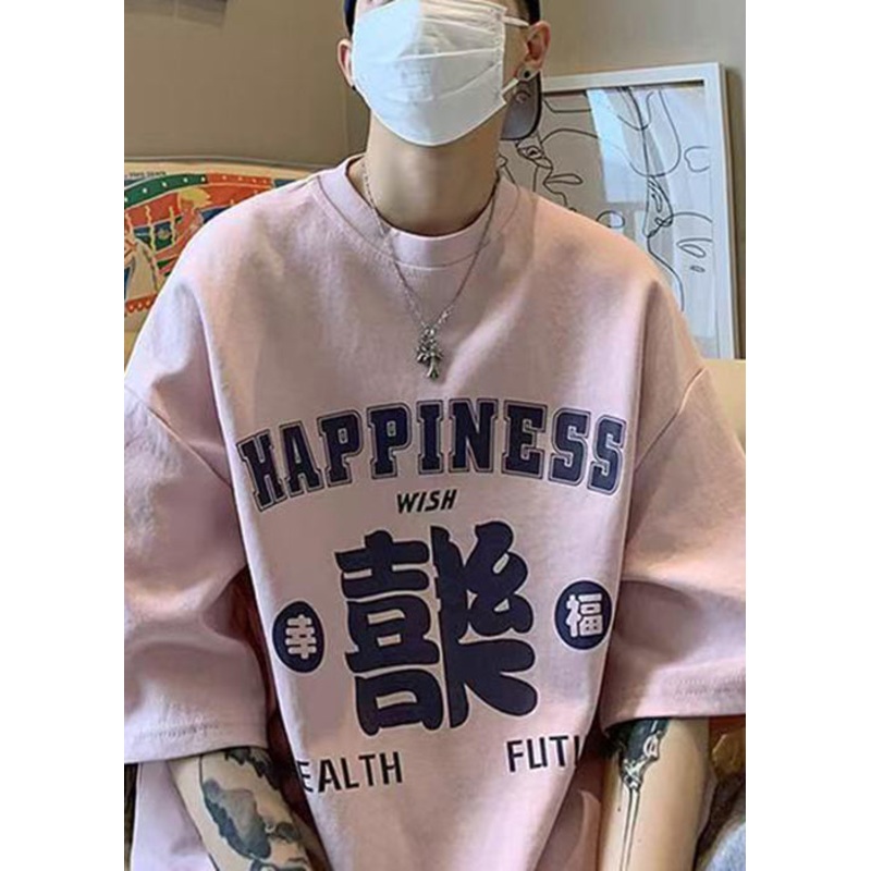 Half Casual Pink Cotton Neck O Print T Sleeve Shirts Men