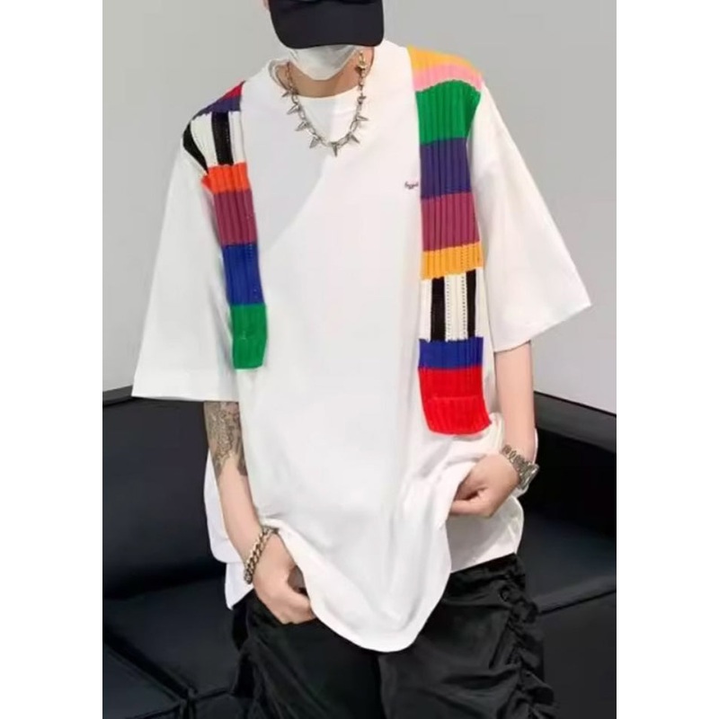 Half Shirt Patchwork White Neck T Men Cotton New O Sleeve