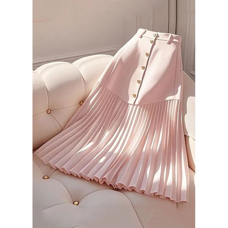 High Elegant Wrinkled Cotton Summer Skirts Pink Waist