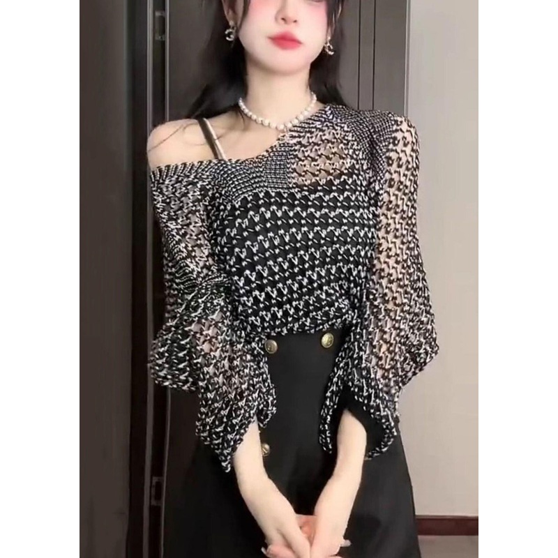 Hollow Black Sweater French Out Thin Knit Sleeve Batwing