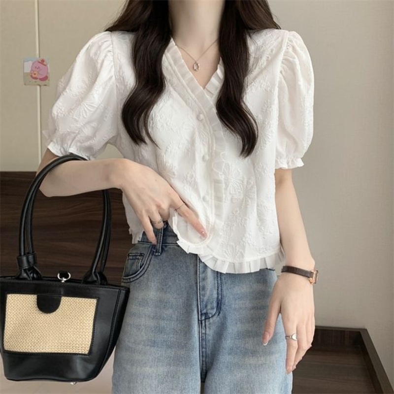 Jacquard Blouse Frill Short-Sleeve V-Neck