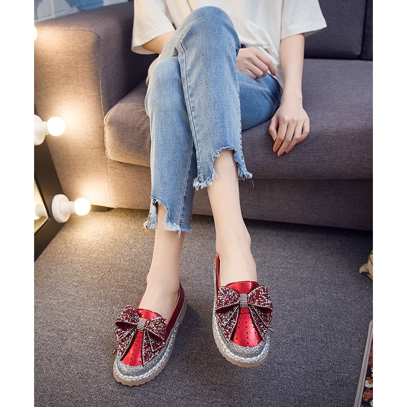 Loafers Splicing Fashion Red Bow Penny Zircon