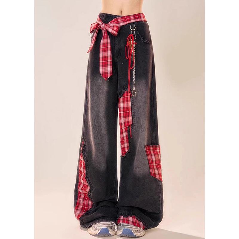 Plaid Denim Wide Summer Pants Bow Patchwork Black Leg Vintage