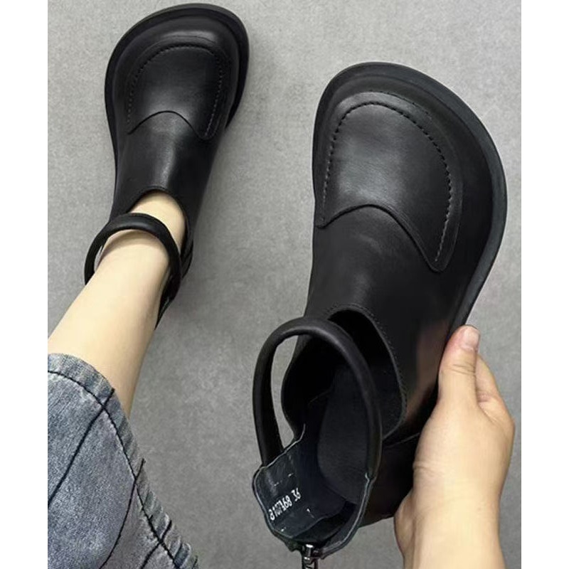 Retro Leather Splicing Boots Cowhide Black Comfy
