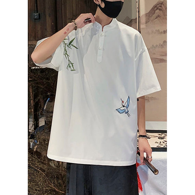 Shirts Embroideried Half Collar Cotton Stand T Button White Loose
