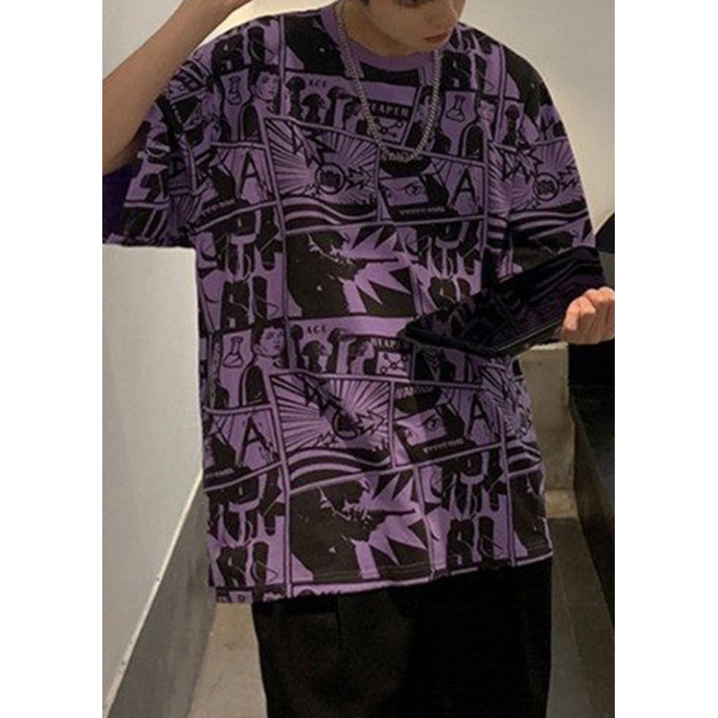 Shirts O Print Summer T Chic Neck Cotton Men Purple