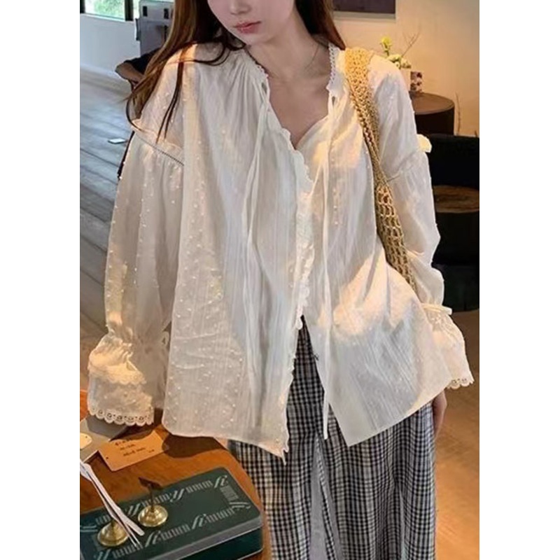 Sleeve Cotton Lace Ruffled White Up Flare Loose Shirt
