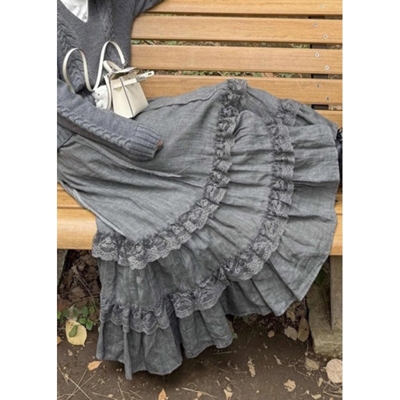 Spring New Grey High Lace Skirts Waist Cotton