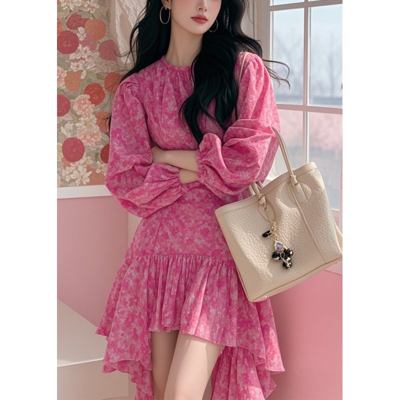 Spring Pink New Dress Print Mid Asymmetrical Cotton
