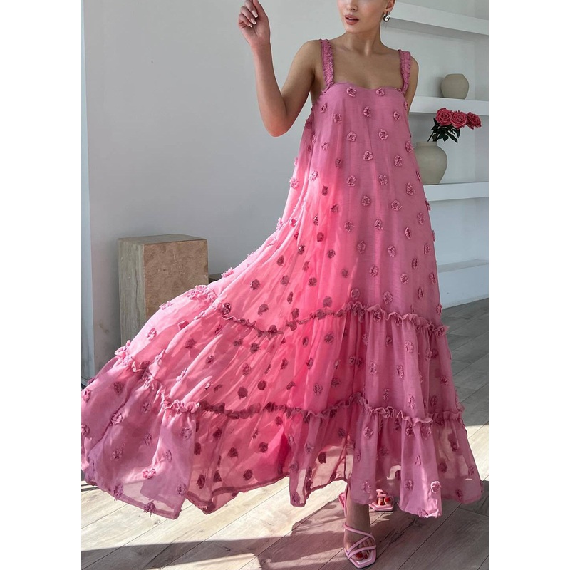 Strap Ruffled Dress Boho Spaghetti Pink Cotton Sleeveless Floral