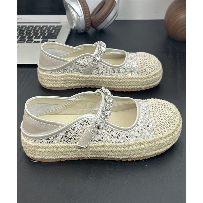 Strap Shoes Beige Sequins Flat Zircon Buckle Splicing Platform