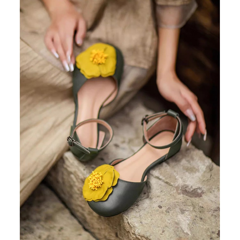 Strap Splicing Green Floral Sandals Vintage Buckle Flat