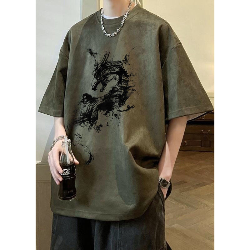Suede Green Army Shirts Print T Summer Oversized Neck O Faux