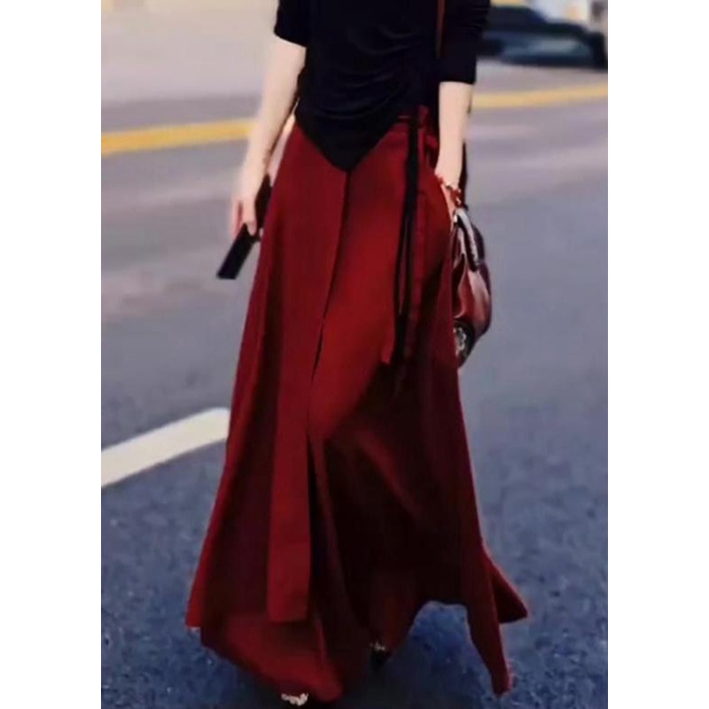 Summer Lace Waist Pockets Skirt Up High Loose Red