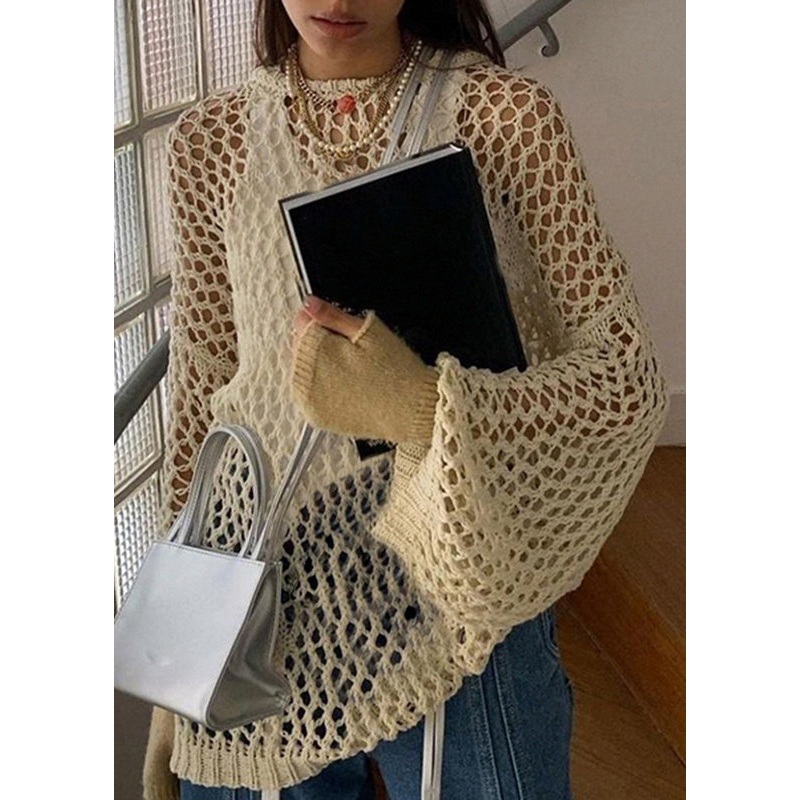 Sweater Knit Loose Solid Hollow Out Beige Summer
