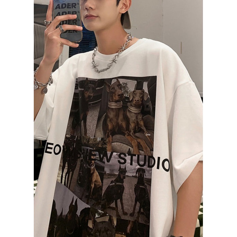 T Cozy Cotton Summer White Loose Mens Shirts Print