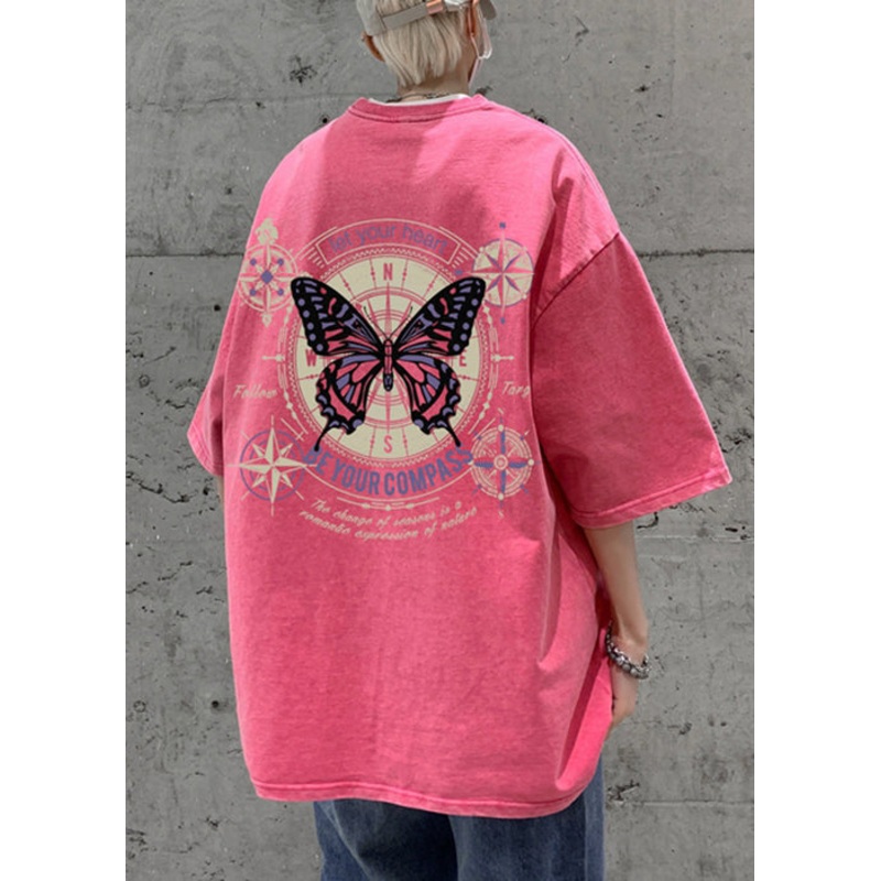 T Men Print Casual Shirt Butterfly Pink Half Oversized Cotton