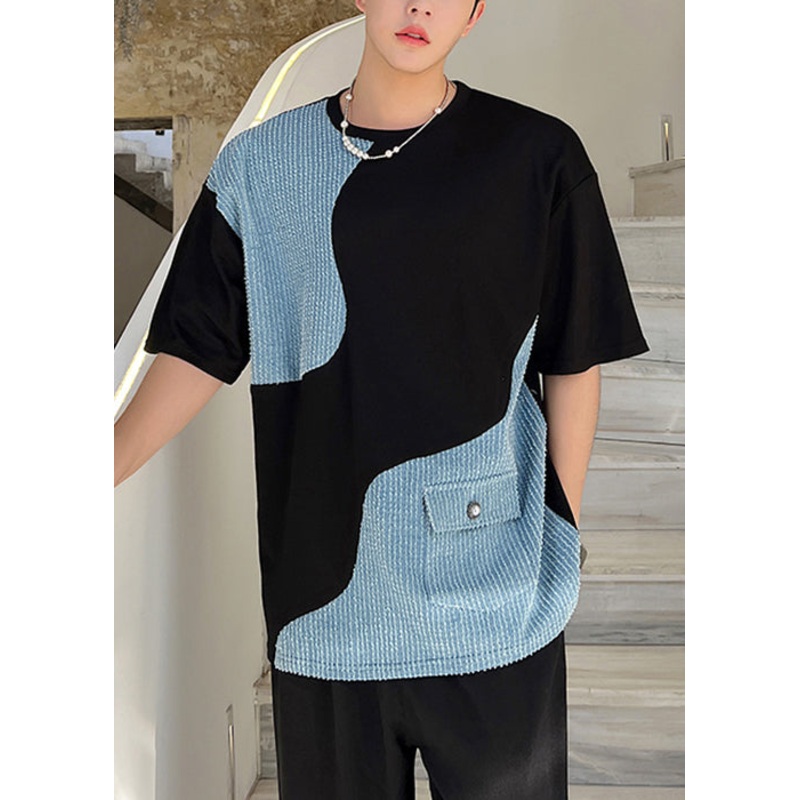 T Summer Pockets Patchwork Denim Black O Shirt Neck Men