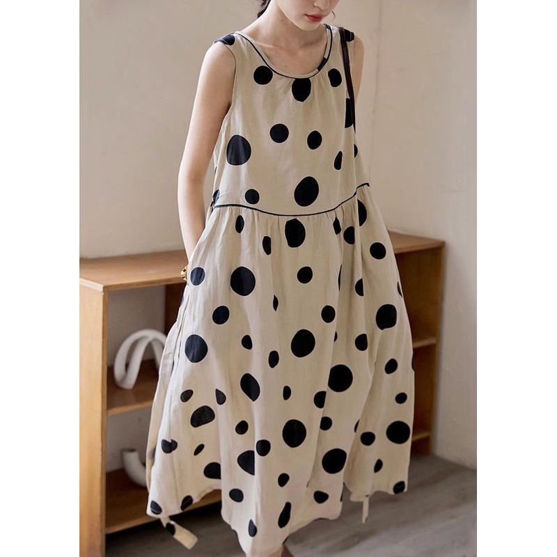 Waist Tie Cotton Sleeveless Pockets Khaki Elegant Dot Dress Long
