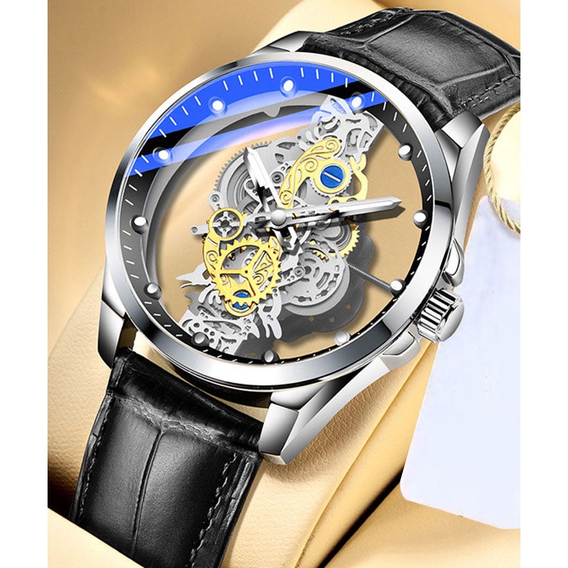 Automatic Watches Leather Out Black Machinery Casual Fully Hollow