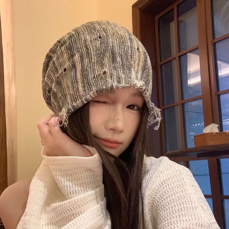 Beanie Frayed Distressed|Coffee Gray|Gray|Mixed Color – Red & Yellow|Pink|One Size