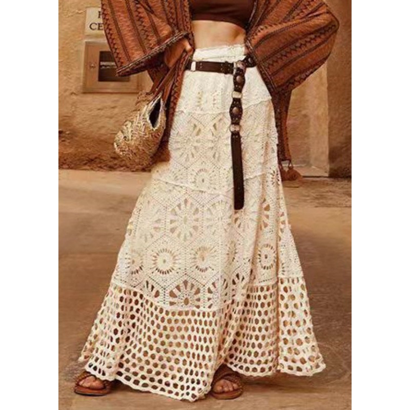Beige A Elastic Lace Line Design Waist Skirt Patchwork Original