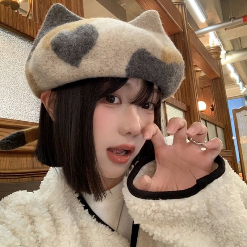 Beret Patterned Ear Cat|Coffee|Khaki|M