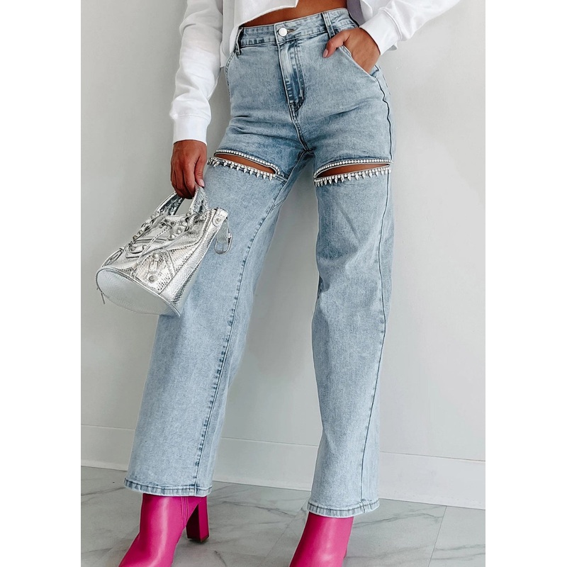 Blue Pockets Jeans High Hole Summer Waist Straight Unique