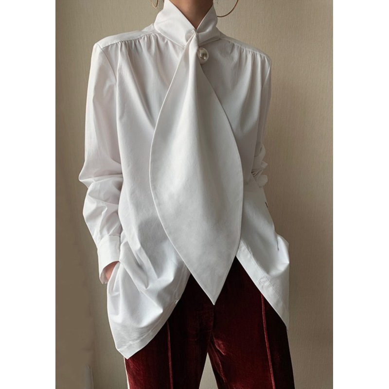 Bow Cotton Shirts Patchwork Classy Spring White
