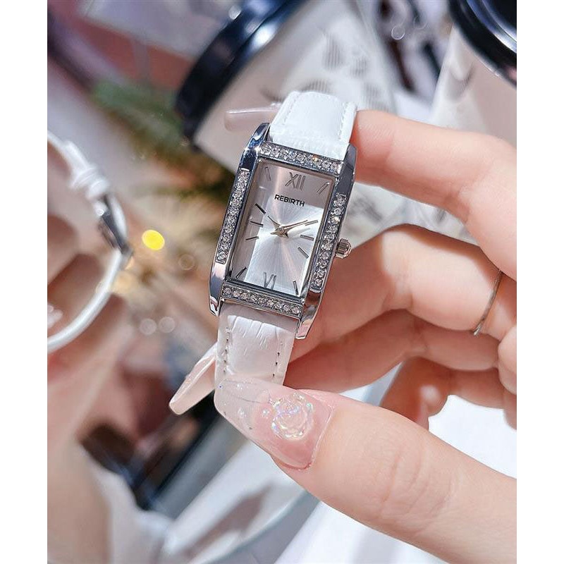 Brief White Leather Watches Zircon Square