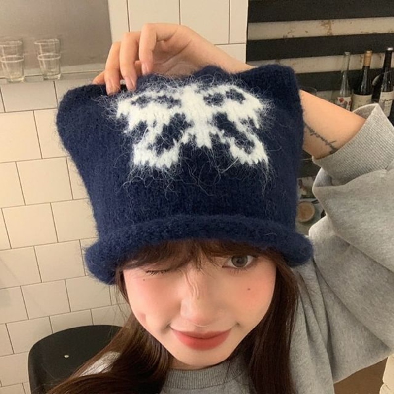 Butterfly Beanie Knit|Black|Gray|Navy Blue|Red|One Size