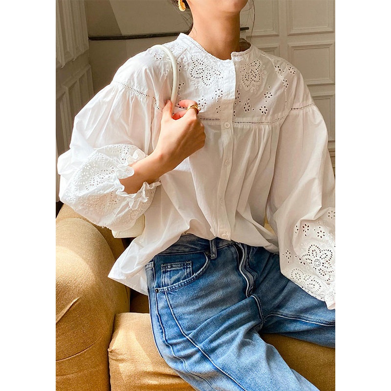 Butterfly Sleeve Blouse White Hollow Cotton Loose Out Embroidered