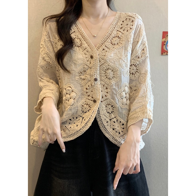 Button V Apricot Hollow Neck Handmade Spring Cardigan Out