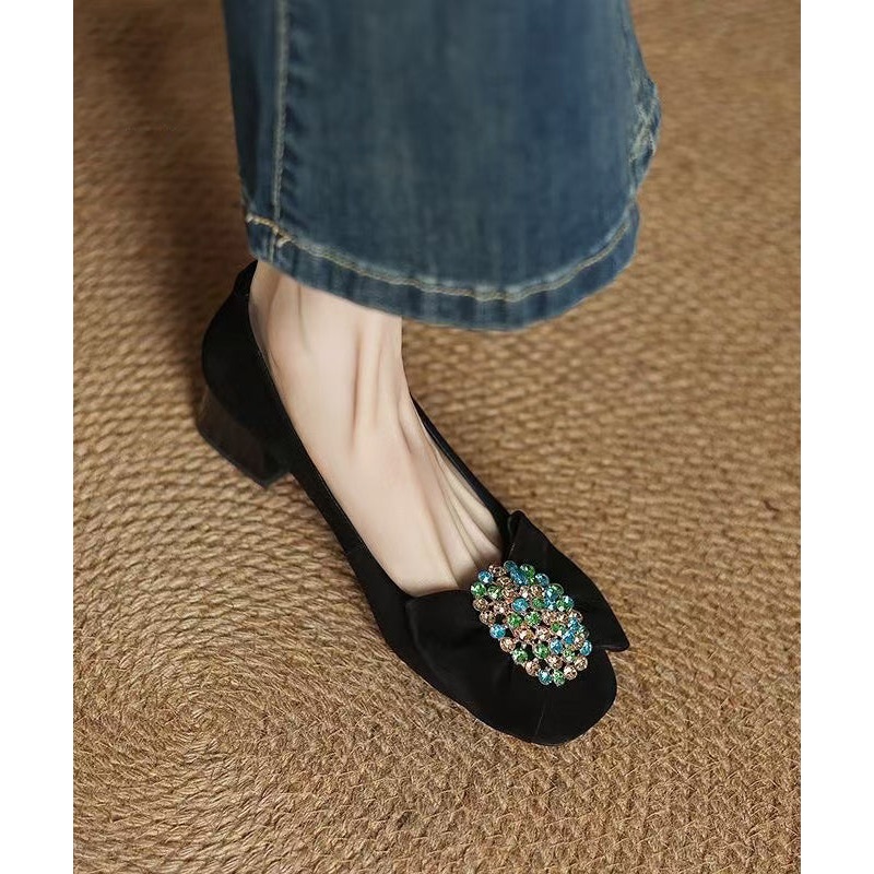 Chunky Splicing Black Bow Shoes French Heel Suede Zircon