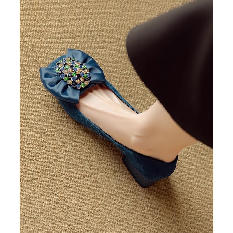 Chunky Zircon Loafers Stylish Bow Suede Penny Splicing Blue