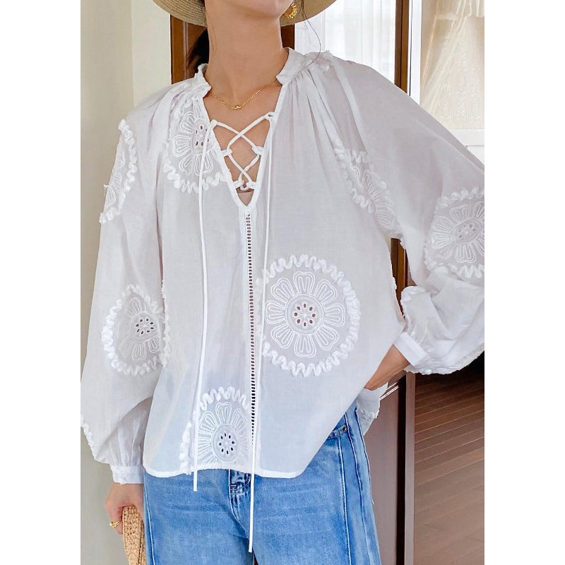 Elegant Cotton White Lace Up Blouses Hollow Embroidered Out