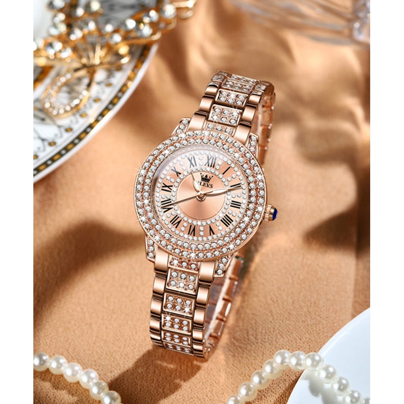 Fashion Gold Quartz Stainless Rose Movement Steel Zircon