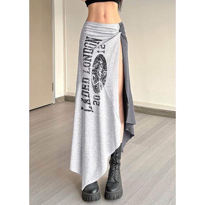 Graphic Casual Wrinkled Grey Asymmetrical Maxi Tassel Skirts